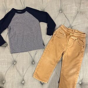 Cat & Jack Gray and Navy Long Sleeve Tee and Khaki Jeans Set